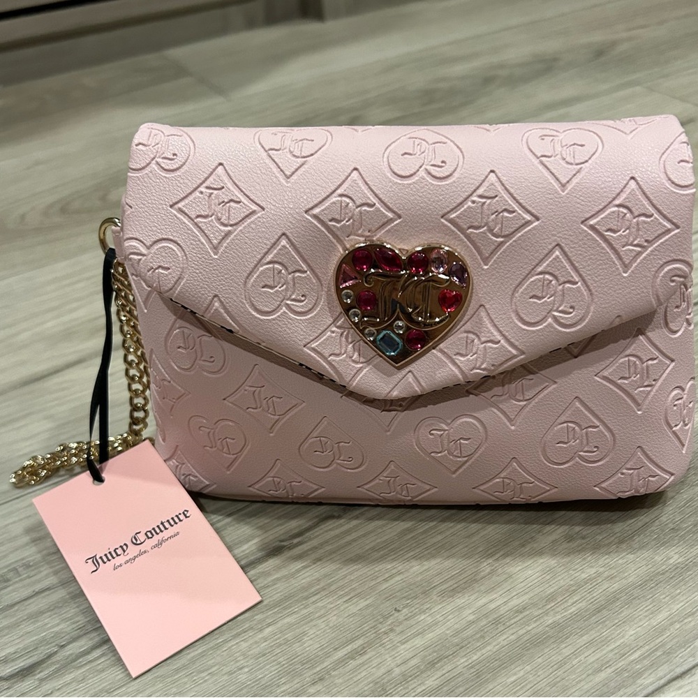 NWT Juicy Couture Pink Embossed Clutch with Gold Chain